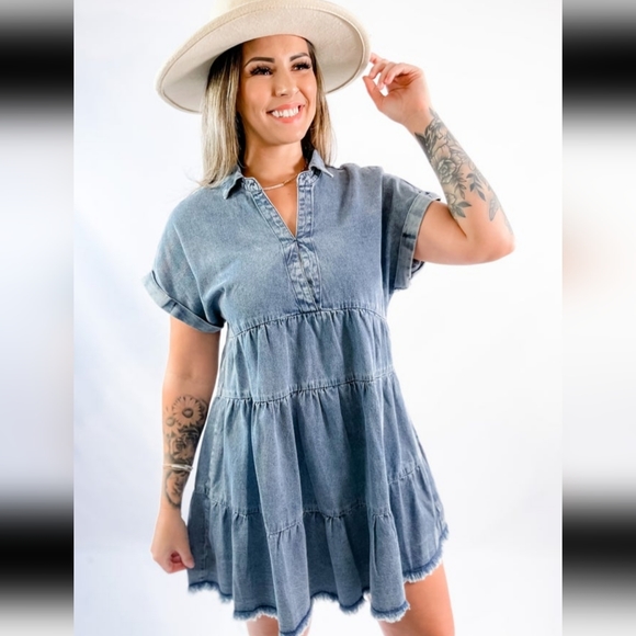 Denim Tiered Short Sleeve V-neck Dress - Picture 1 of 3